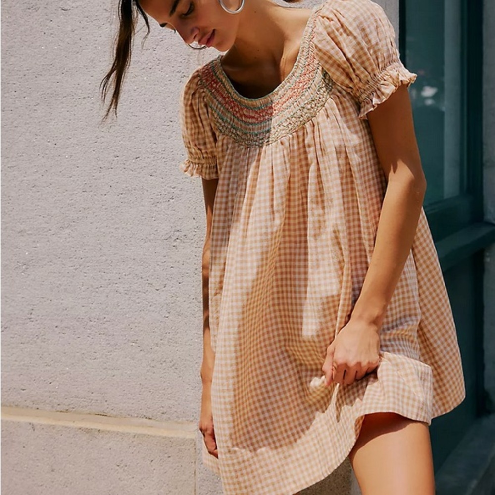 Free People Gingham Mini Dress in Peach and Cream